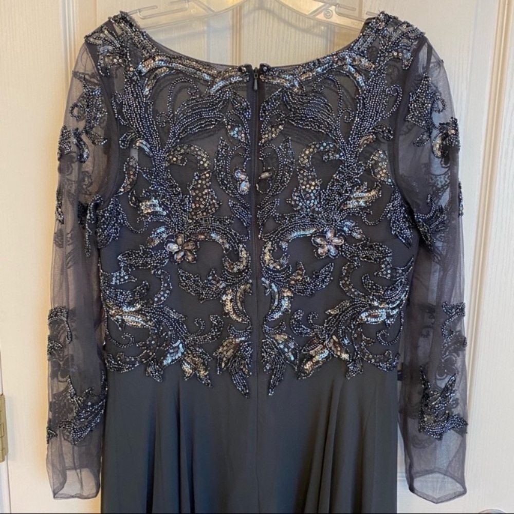XSCAPE Women's Sequin Embellished Long Sleeve Boat Neck Chiffon Gown in Charcoal - Picture 7 of 9